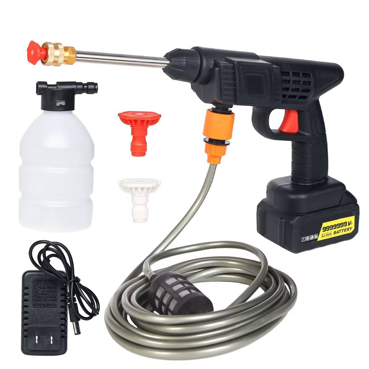 Nettoyeur Haute Pression sans Fil 60 Bar, 300W Nettoyeur Haute Pression à Batterie, Pistolet à Eau pour Lavage De Voiture avec Batteries, Tuyau 5m, Pulvérisateur de Mousse (20000mAh)